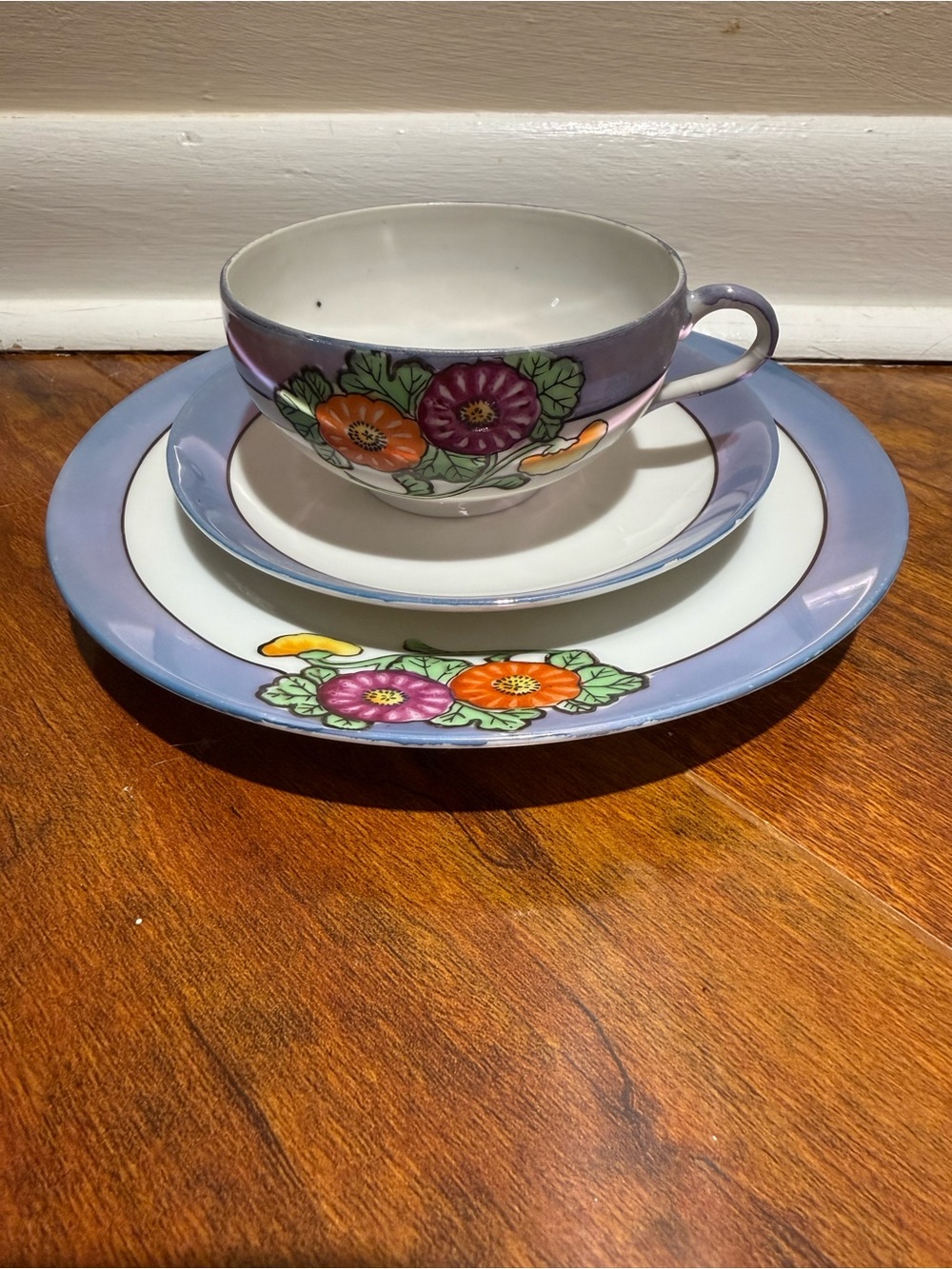 Vintage Chikaramachi Lusterware Trio Teacup Saucer Dessert Plate Floral Japan